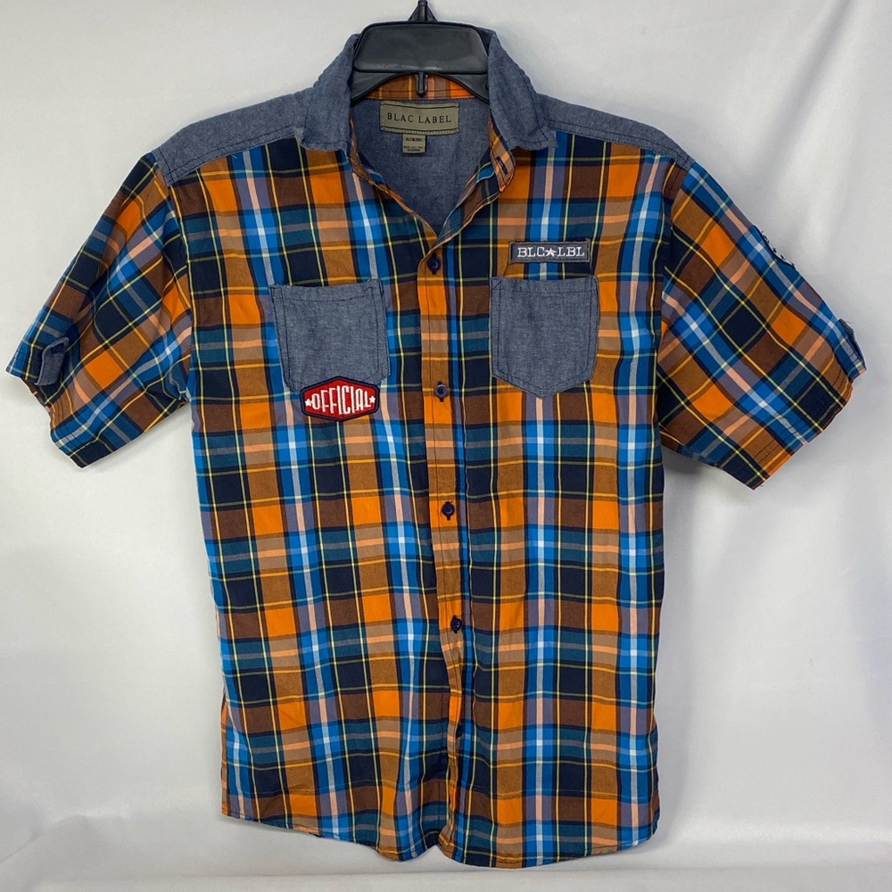 Blac Label Boys Button Up Orange Blue Plaid Short Sleeve Shirt Size XL(18-20)